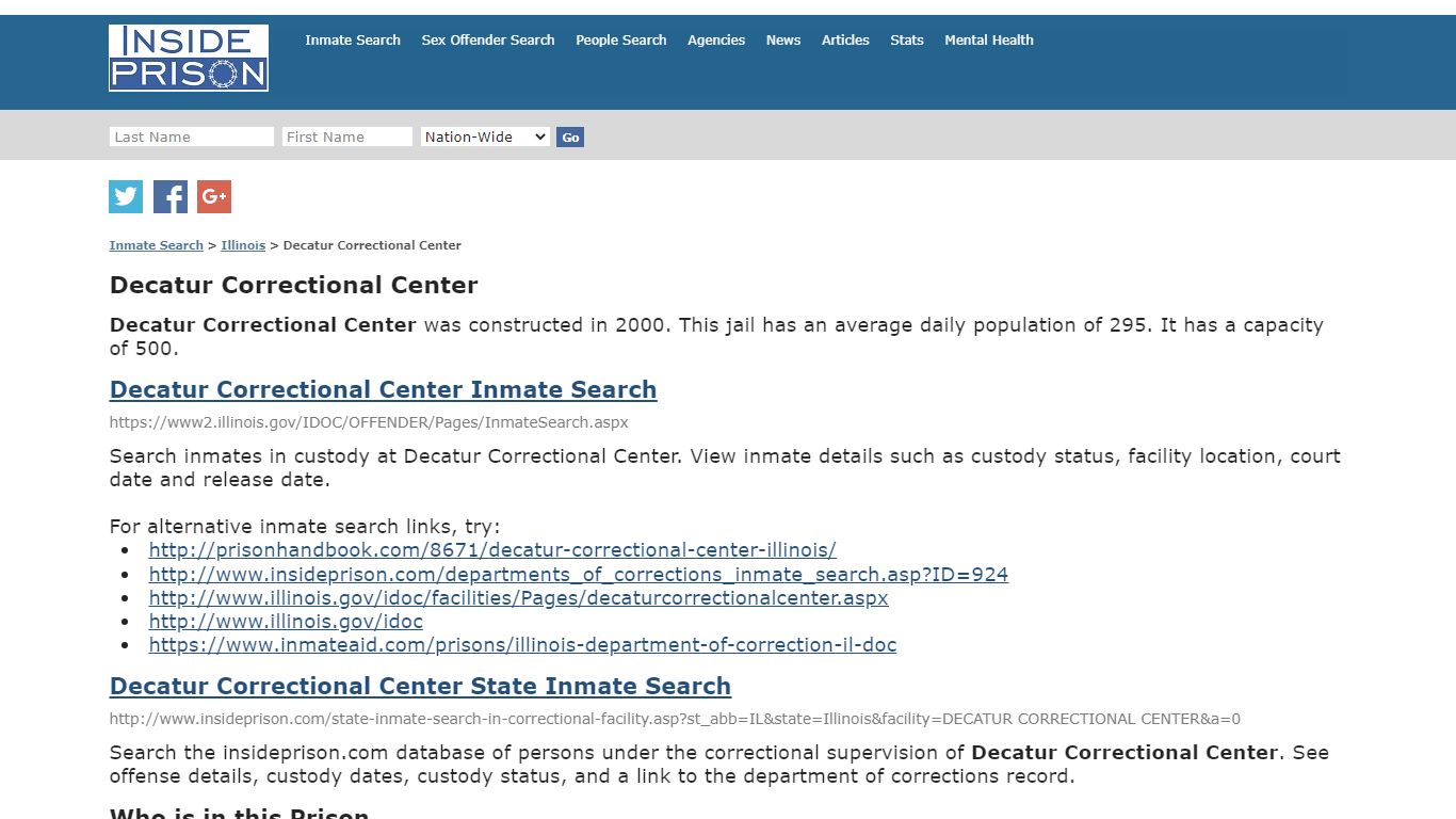 Decatur Correctional Center - Illinois - Inmate Search