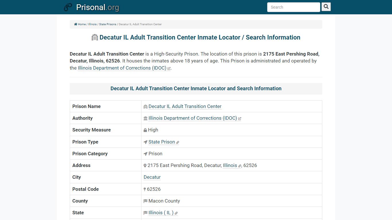 Decatur IL Adult Transition Center-Inmate Locator/Search ...